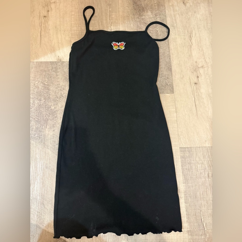 Black Ribbed Butterfly Patch‎ Mini Dress - Size M